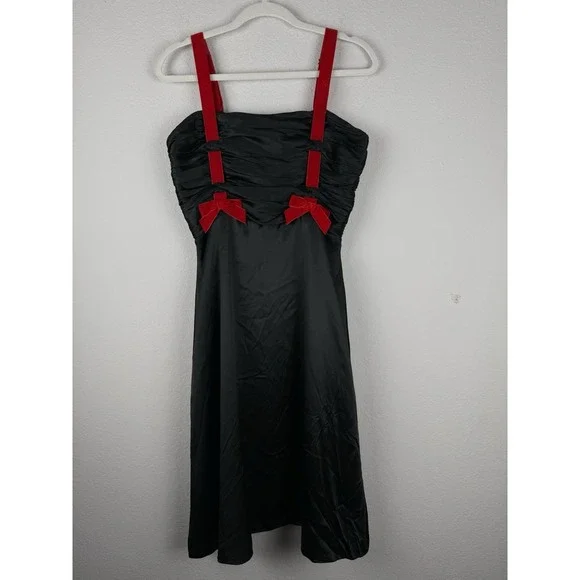Betsey Johnson NY Vintage 90s Y2K Black Silk Red Velvet Bow Dress Gown Goth Punk